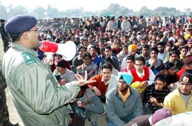 The youth assembled for the recruitment drive, listen to an Army officer at the rally in Bathinda on Sunday. 