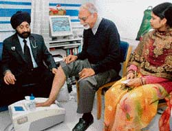 Patients being examined at a medical camp held at Life Line Care and Diagnostics Centre in Sector 32, Chandigarh, on Sunday.