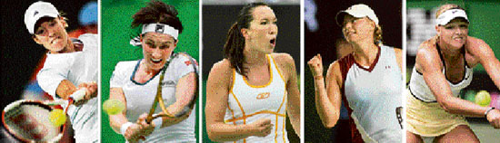 This combo shows undated file photos of the top five women's seeds at the 2008 Australian Open: top seed Justin Henin (L) of Belgium, second seed Svetlana Kuznetsova (2nd L) of Russia, third seed Jelena Jankovic (C) of Serbia, fourth seed Ana Ivanovic of Serbia and fifth seed Maria Sharapova (R) of Russia.