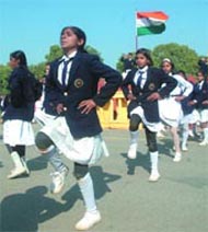 Schoolchildren from Kamal Model School rehearse for the Republic Day parade in the Capital on Monday.
