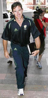Hogg arrives for ICC hearing in Perth on Monday.