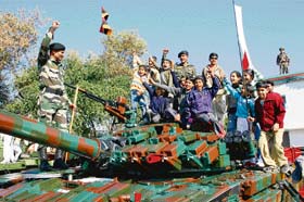 General officer-in-command, Tiger Division, Major-Gen Sanjeev Loomba along with other officers during the "Know Your Army" exhibition in Jammu on Monday. 