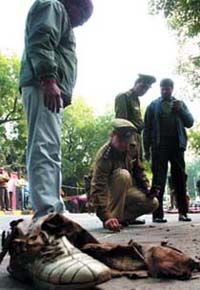 Delhi Police personnel inspect the site where a Samajwadi Party activist set himself afire during a demonstration against UP Chief Minister Mayawatis birthday celebrations at Jantar Mantar in the Capital on Tuesday.