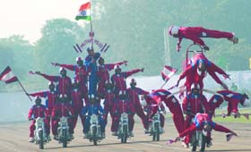 Army Dare Devils display their skills on the ocassion of Army Day in the Capital on Tuesday. 
