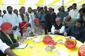 BJP president Rajnath Singh along with Sushma Swaraj and Janata Dal (U) leader Sharad Yadav on the occasion of Makar Sankranti in the Capital on Tuesday. 