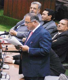 Finance minister Tariq Karra during his budget speech in the Jammu and Kashmir Assembly in Jammu