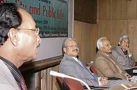 A speaker makes a point during the inaugural session of the two-day national seminar on Public life and morality, organised by the department of philosophy, PU, in Chandigarh, on Thursday.