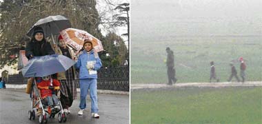This family seems to enjoy a walk on The Ridge in Shimla on rain-soaked Thursday; and (right) children on their way to school in Mandis Balh valley