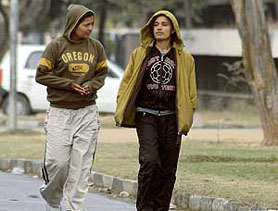 Girls enjoy a morning walk in the cold on the PAU campus in Ludhiana on Friday.