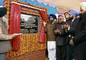 Sukhbir Badal, working president, SAD, lays the foundation stone of the Press Club in Ropar on Friday.