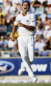 Irfan Pathan celebrates after taking the wicket of Australias Phil Jaques during the third day of the third Test at the WACA Stadium in Perth on Friday.