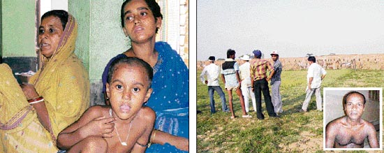 Widow Sandhya Das with her mother-in-law Geeta and six-year-old daughter. (R) The newly constructed Tata compound at Singur.