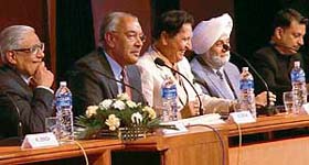 (Left to right) Editor-in-chief of The Tribune H.K. Dua, PU political science departments B.S. Brar, PU vice-chancellor R.C. Sobti, Punjab advocate-general H.S. Mattewal and BJP spokesperson Rajiv Pratap Singh Rudy at a panel discussion in PU