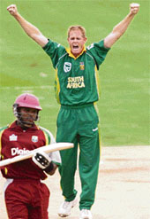 Shaun Pollock celebrates on dismissing West Indies Brenton Parchment during the first one-dayer at Centurion on Sunday. 