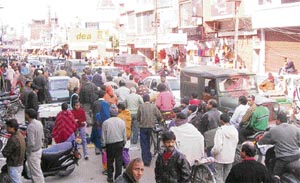 A familiar scene of a traffic jam at Sadar Bazar, Ambala, due to the absence of policemen on Monday.