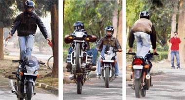 Does it matter that, just the other day, two boys speeding over a bet, crashed their bikes into a road block and died. The police said the number of road warriors in the city has increased and become organised into a betting spin-off. Our photographer Vinay Malik presents the real pictures. While being filmed, boys are seen performing stunts on the road adjoining the M & A G in Sector 10. Yes, to repeat, at stake is not skill but money.