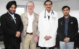 Dr Getz from Munich, Germany, flanked by Dr Rajoo Singh Chhina and Dr Sandeep Puri, medical superintendent, at DMCH in Ludhiana, on Monday. 