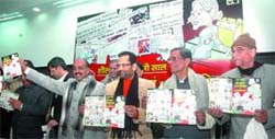 BJP leaders  Vijay Goel, Lal Bihari Tiwari, Om Prakash Kohli and Mukhtar Abbas Naqvi release a report on the performance of the Sheila Dikshit government at a press conference in the Capital on Tuesday