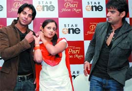 TV actors Karan Mehra, Rashmi Desai and Mohit Mallik in serial Pari Hoon Main during a press conference in the Capital on Wednesday.