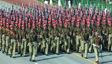 Delhi Police contingent rehearses for the Republic Day parade at Rajpath in the Capital on Wednesday