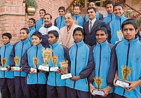 St Stephens football team that emerged winners at the Manchester United Premier Cup Football Tournament (Under 15) held at Goa, along with principal Harold Carver on the school premises in Sector 45, Chandigarh