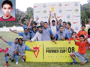 St Stephens Football Academy boys rejoice after winning the U-15 Manchester United Premier Cup (India) in Goa. Harpreet Bedi (inset) scored the match-winner in the final against Mahindra United
