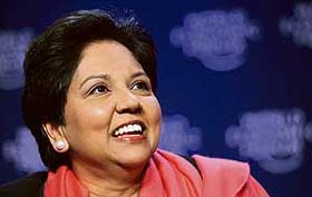 PepsiCo CEO Indra Nooyi smiles at the closing session of the WEF in Davos, Switzerland