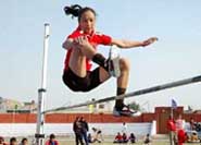 A high jump event in progress at the Punjab State Panchayat Tournament at Sports Stadium in Bathinda on Monday.