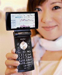 A model displays Japanese mobile communication giant Softbank's "Stock mobile phone" produced by Sharp, which shows a chart of share prices, at a press preview in Tokyo on Monday.