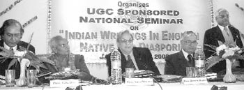 English literature scholars R. W. Desai, G. K. Das, Abhai Maurya, Bhim Singh Dahiya and D. K. Kaushik at a seminar on Indian Writings in EnglishNative and Diasporic, organised at M. M. College, Fatehabad, recently.