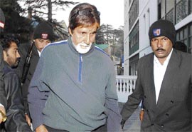 Amitabh outside a hotel in Shimla on Monday.