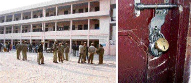 A strong contingent of the Himachal police at DAV Senior Secondary School, Una; and (right) the locked room of the principal.