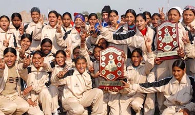 Players of Ludhiana pose for a photograph after winning the overall trophy in the first Punjab State Panchayat Tournament in Bathinda on Tuesday.