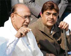 MLA Dharampal Malik (left) and MLA Rakesh Kamboj address mediapersons in Karnal on Tuesday.
