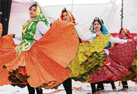 Students present a Haryanavi dance at the inauguration of a disaster management lab and audio-video studio by commissioner of higher education Shiv Raman Gaur at the Government Postgraduate College for Women in Karnal on Tuesday.
