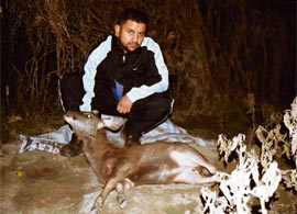 Nikhil Sanger, president, Wildlife Conservation Society, Nawanshahr, with a dead sambhar that was killed by stray dogs in the Shivalik forest ranges.