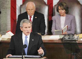US President George W. Bush delivers the final State of the Union address of his presidency to a joint session of the Congress at the US Capitol building