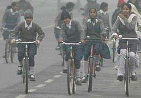 Students going to school on a chilly morning in Chandigarh on Wednesday.