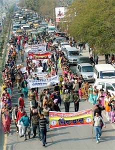 Members of the DIET Students Welfare Association take out a protest march in Jalandhar