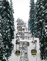 Skiers and tourists use cable car gondolas to reach the upper reaches of Gulmarg, 55 km west of Srinagar.