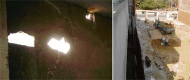 Holes have appeared in the wall of a house in whose neighbourhood a commercial complex is coming up in Ludhiana; and (right) a view of the construction activity