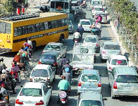 Bumper-to-bumper traffic on the GT road in Jalandhar on Thursday. 