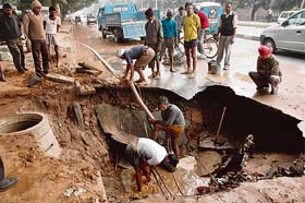 A drinking water pipeline damaged due to underground laying of telecommunication wires on the Sector 19 and 20 dividing road in Chandigarh