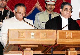 Governor V.S. Kokje administers oath to Justice Jagdish Bhalla as the Chief Justice of the Himachal Pradesh High Court at the Raj Bhawan in Shimla