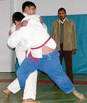 A bout in progress during judo championship in Chandigarh on Sunday.