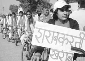 Students taking out a cycle rally at Hisar to create awareness on social issues. 