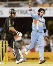 S Sreesanth celebrates getting the wicket of Ricky Ponting during the first tri-seriesone-day match against Australia in Brisbane on Sunday