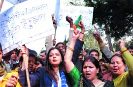 BJP activists demonstrate against Maharashtra Navnirman Sena chief Raj Thackeray for his divisive comments on North Indians living in Maharashtra, at Jantar Mantar in the Capital on Monday.