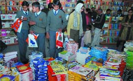 Students at the World Book Fair at Pragati Maidan in the Capital on Monday.
