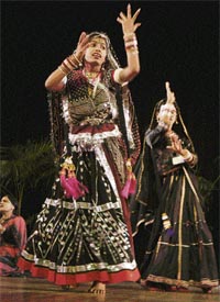 Artistes perform during the Nehru Yuva Kendras function at the General Zorawar Singh Auditorium in Jammu University on Tuesday.